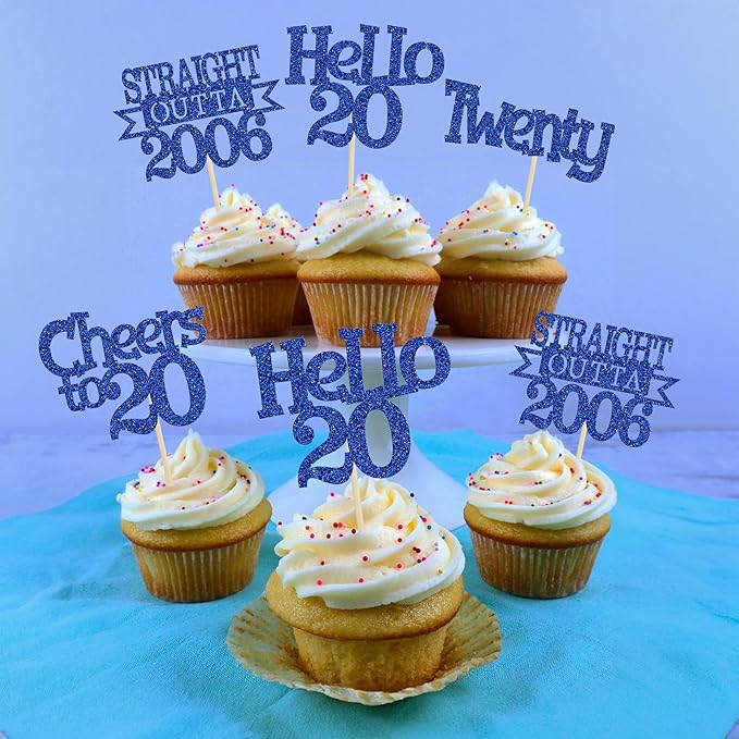 Ephlyn 24Pcs Happy 20th Birthday Cupcake Toppers Glitter Straight Outta 2006 Cupcake Picks Hello 20 Cheers to 20 Years Cake Decorations for 20th Birthday Anniversary Party Decorations Supplies Blue