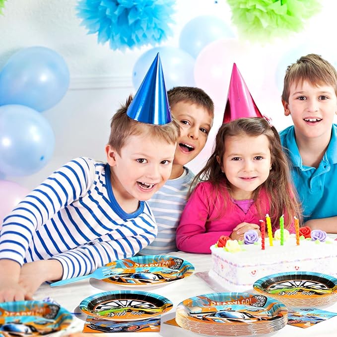 96 Pcs Racing Car Party Supplies Hot Car Tableware Set Disposable Racing Car Plates Napkins Forks Hot Car Birthday Decorations for Kids Boys Birthday Party Race Sports Serves 24