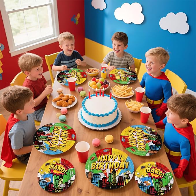 Grencian 96Pcs Super Theme Hero Party Supplies Hero's Action Sign Cityscape Plates and Napkins Tableware Sets Colors Comic Hero Decorations for Boys Cartoon Spider Birthday Favors Serve 24