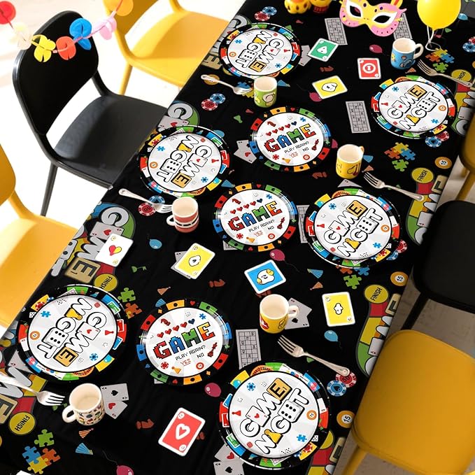 Grencian 98Pcs Family Game Night Party Decorations Game Night Plates Napkins Tablecloths Disposable Gaming Paper Tableware Set for Birthday Kids Adults Family Gaming Party Supplies, Serves 24