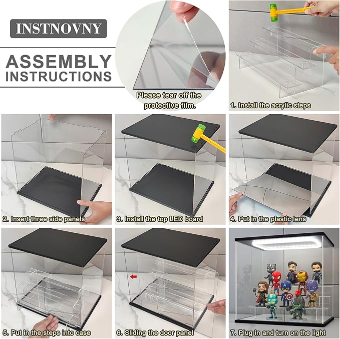 Clear Acrylic Display Case with Light 6 Tier Display Storage Box Assembly Dustproof Showcase for Collectibles Action Figures(Black, 19.1*12.0*15.7inch)