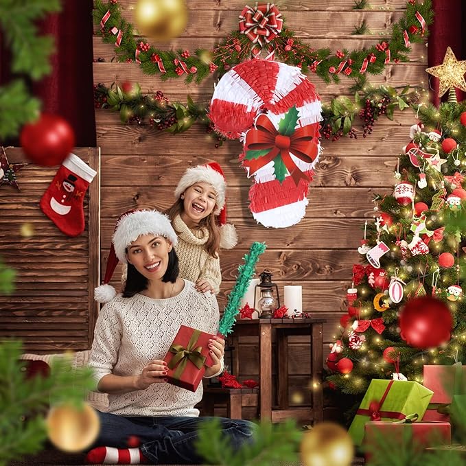 Christmas Candy Cane Pinatas Bundle with a Blindfold and Bat (Small Size 17x11x4 Inches), Holiday Theme Piñata, Christmas Party Supplies, Xmas Piñata, Party Decoration Games