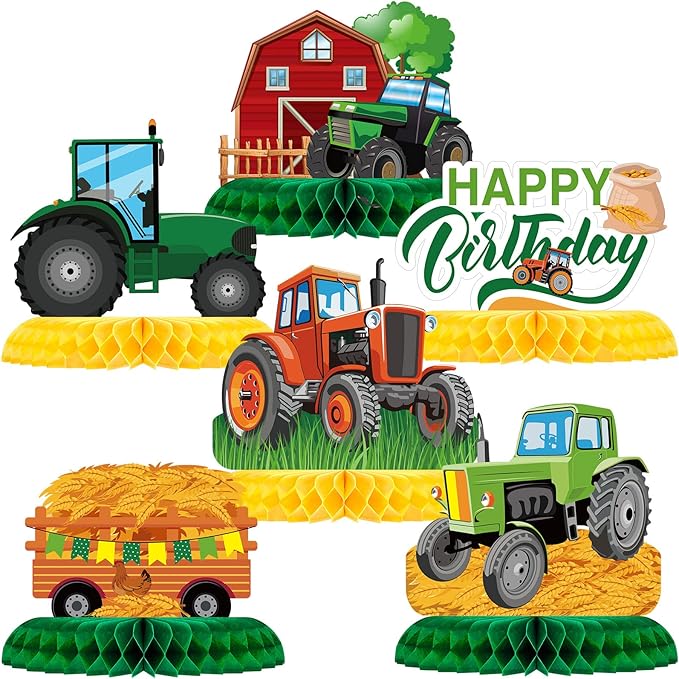 Zonon 6 Pieces Tractor Birthday Decorations, Tractor Honeycomb Table Centerpiece Party Supplies Farmhouse Decor for Tractors Birthday Party Supplies, 6 Designs