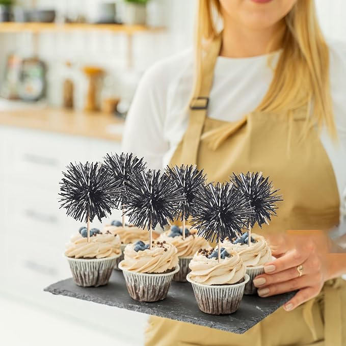 40 PCS Black Foil Firework Cupcake Toppers Sparkle Tinsel Cupcakae Picks Sparkler Fireworks Party Decorations Cocktail Fruit Toothpick for Birthday Wedding Graduation Party Decorations Supplies