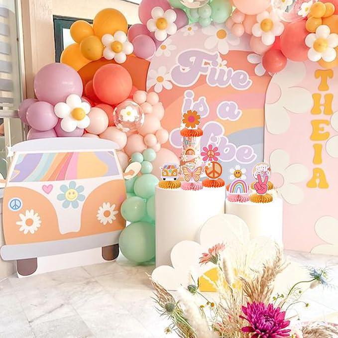 9 PCS Hippie Party Honeycomb Table Centerpiece Peace Sign Hand Butterfly Dasiy Flower 60s Retro Boho Two Groovy Table Toppers Centerpieces Decorations for Hippie Carnival Birthday Party Supplies