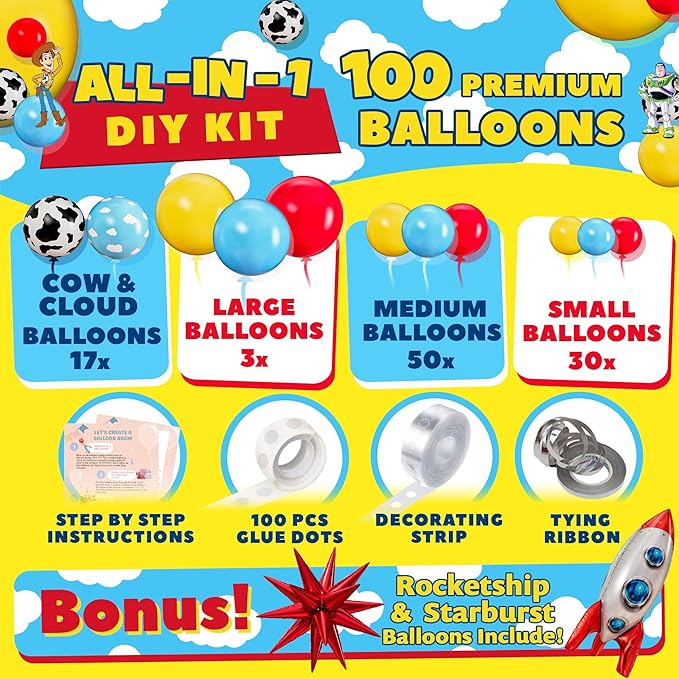 ALL-IN-1 Toy Story Balloons Arch Kit for It's A Boy Story Baby Shower Decorations – Toy Story Balloon Garland Kit with Cloud & Cow Toys Story Balloons for First Toys Story Birthday Party Supplies