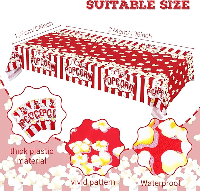 Breling 3 Pieces Popcorn Tablecloth 54 x 108 Inch Plastic Popcorn Table Cover Party Decorations Carnival Circus Movie Night Supplies Carnival Birthday Party Supplies Tablecovers