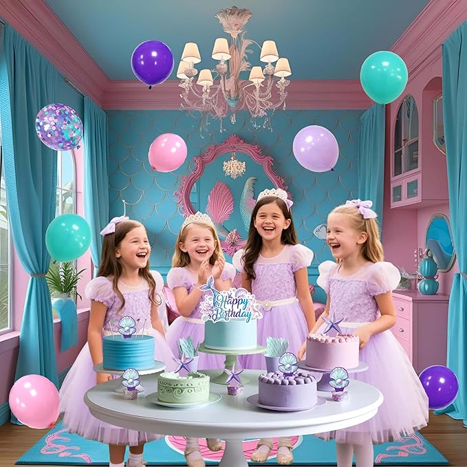 Mermaid Birthday Decorations for Girls,Fringe Curtains Happy Birthday Banner,Red balloons,Cake Toppers for women