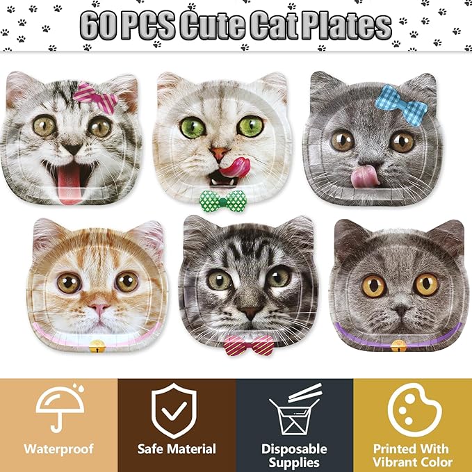 60 Pcs Real Cat Birthday Party Paper Plates, Cute Cat Pattern Plates for Pet Birthday Decorations Cat Theme Party Supplies Baby Shower