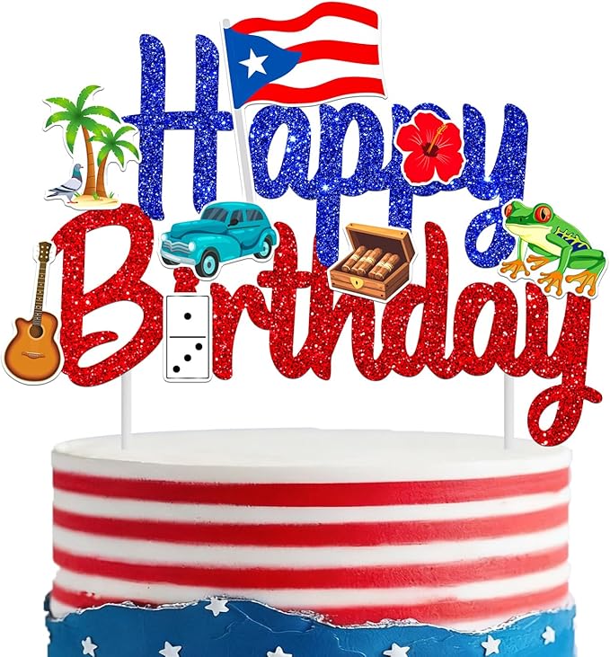 Puerto Rico Cake Topper Glitter Puerto Rican Theme Birthday Party Decoration Puerto Rican Cake Decorations Frog Cigar Vintage Car Cake Picks for National Day Patriotic Festival Supplies