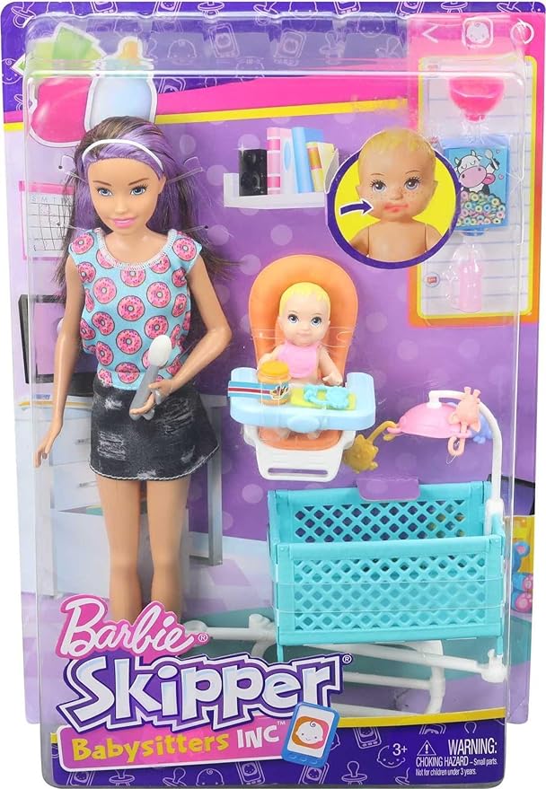 Barbie Skipper Babysitters Inc Dolls & Accessories, Set with Skipper Doll, Color-Change Baby Doll, High Chair & Crib Furniture