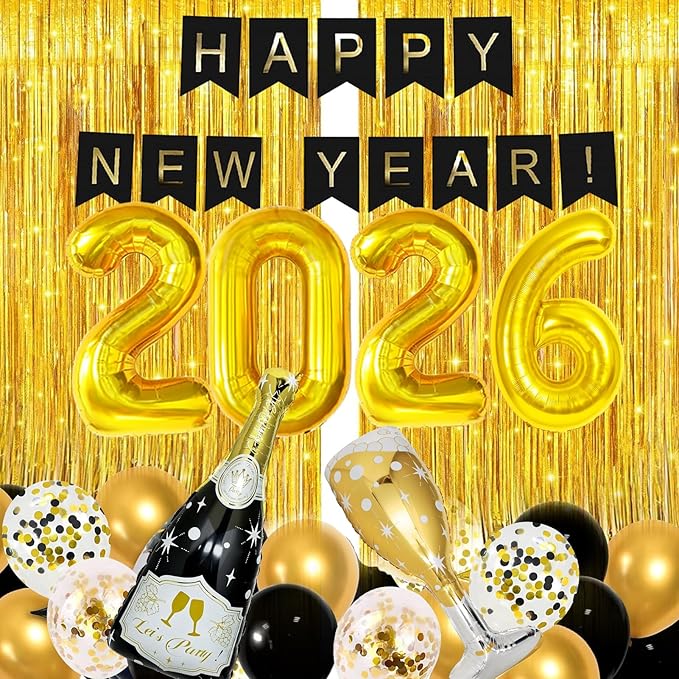4 Pcs Champagne Balloons, Huge Black Gold Champagne Bottle Goblet Aluminum Foil Balloons for Birthday, Bachelorette, Graduation, Anniversary, 2026 New Years Eve Party Decorations Supplies