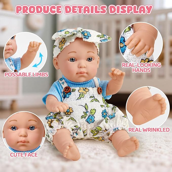 Baby Doll Accessories Set for Girls, 9'' Baby Doll with 2 Sets Clothes Doll Walker Chair Feeding Bottle Pacifier Diaper Blanket, Realistic Pretend Play Toys Toddler Girl Birthday Gifts 3 4 5 6