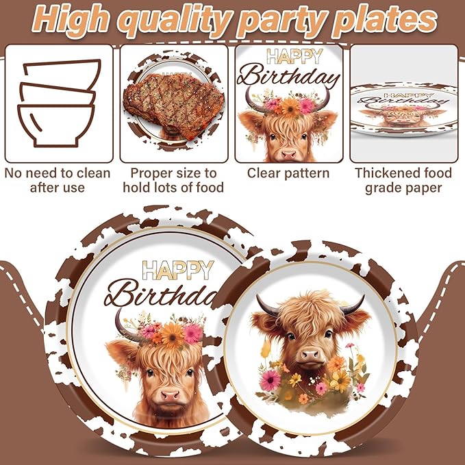 96 Pcs Highland Cow Birthday Party Decoration for 24 Guests Brown Cow Paper Plates Napkins Highland Cattle Dessert Cake Dinnerware Table Supplies for Western Farm Animals Kids Baby Shower Party Favors