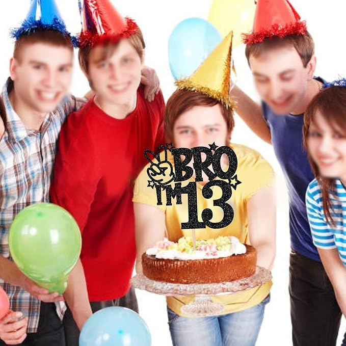 1 PCS Brother I'm 13 Cake Topper Glitter Star Happy 13th Birthday Cake Pick Bro I'm 13 Cake Decoration It's My 13th Birthday Decorations for Boys Cheers to 13 Years Old Birthday Party Supplies Black