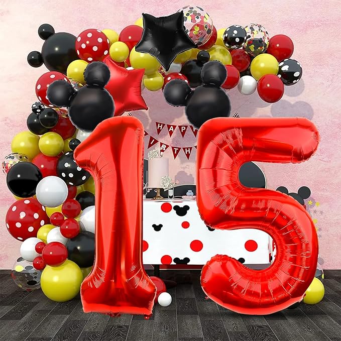 40 Inch Mouse Number 5 Balloon Mini Mouse Head Balloon, Black Red Number 5 Balloon, Mouse Clubhouse Birthday Balloon for 5th Birthday Party Baby Shower Anniversary Supplies