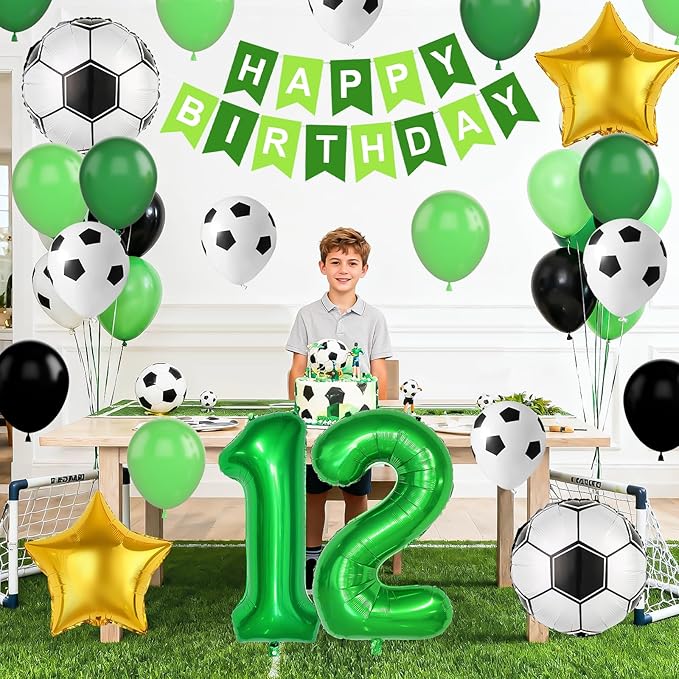 Soccer Birthday Party Decorations for Boys, 12th Soccer Birthday Decoration with Green Black White Balloons 'HAPPY BIRTHDAY' Banner Cake Toppers 32in Foil 12 Balloon for Boys Sports Party Decor