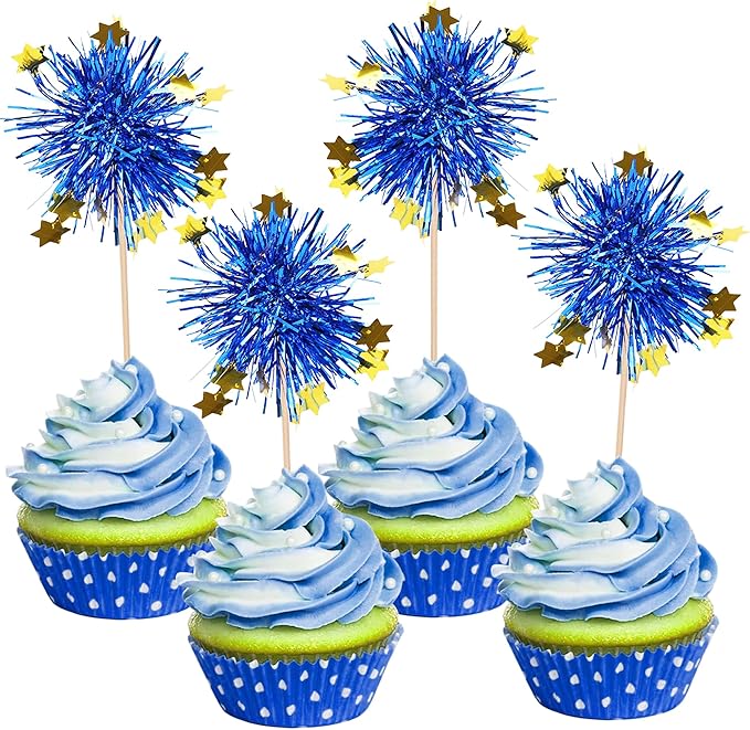 30 PCS Foil Firework Cupcake Toppers Happy Birthday Star Cupcake Picks Sparkle Tinsel Drink Stirrers Cocktail Fruit Toothpicks for Valentine's Day Wedding Birthday Party Decorations Supplies Blue