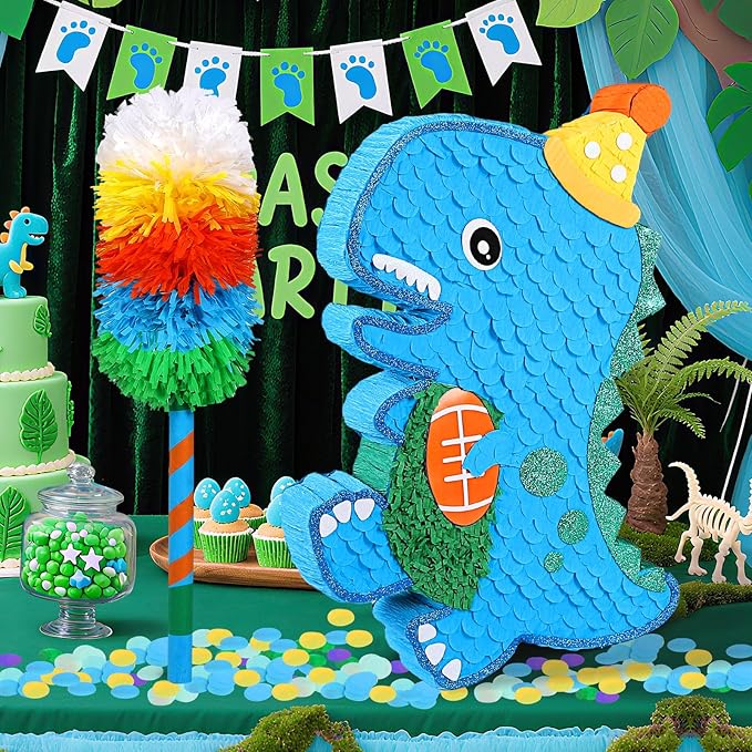 24" Large Dinosaur Pinata Bundle with a Blindfold, Bat and Rope, Dino Baby with Football Decorations for Boy Animal Theme Birthday Party