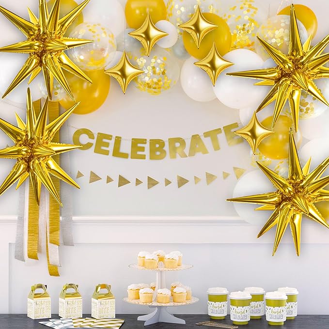 TONIFUL 18Pcs 22Inch Gold Large Explosion Star Mylar Balloons and 10Inch Four Pointed Star Balloons Set for Christmas New Year Birthday Wedding Bridal Shower Anniversary Photo Booth Supplies