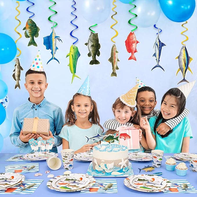 Watercolor Gone Fishing Hanging Swirls Party Supplies - 18PCS Tropical Fishing Banner Ceiling Streamers Decorations Under the Sea Hanging Streamers Decor for Baby Shower Boys Birthday Party