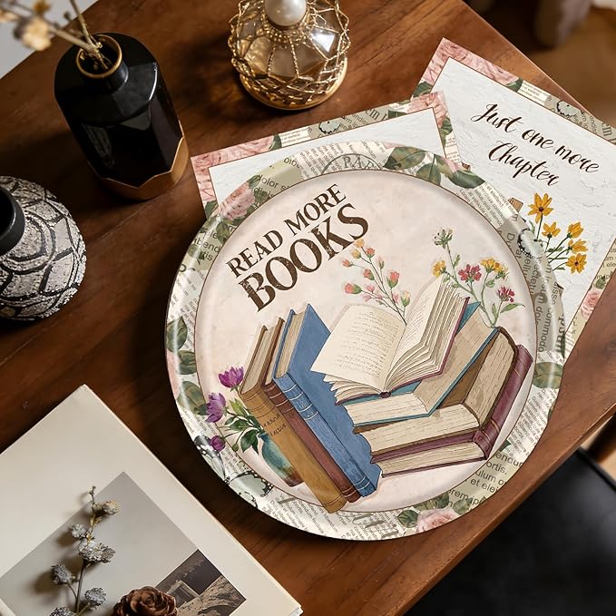 Rakuto Book Themed Party Decorations - 50 Pcs Read More Books Birthday Party Plates Napkins Decorations, Disposable Book Club Tableware Set for Library Reading Baby Shower Supplies Serves 25