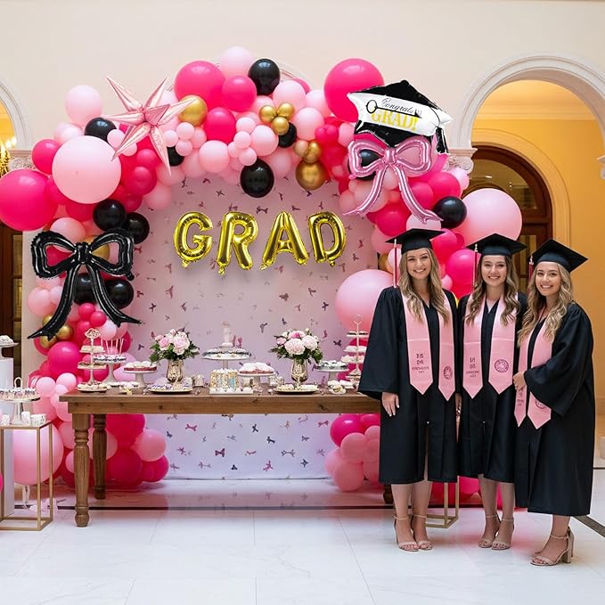Pink and Black Balloon Garland Arch Kit Include Bow balloons grad letter balloons for 2025 Graduation Birthday Wedding Baby Shower Anniversary Bachelorette Bridal Party Decorations