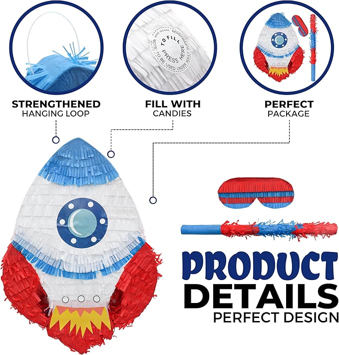 Rocket Pinatas Bundle with a Blindfold and Bat(16.5x11.4x4 Inches), Perfect for Boy's Birthday Party Supplies, Space Theme Birthday, Decoration for Kids Party