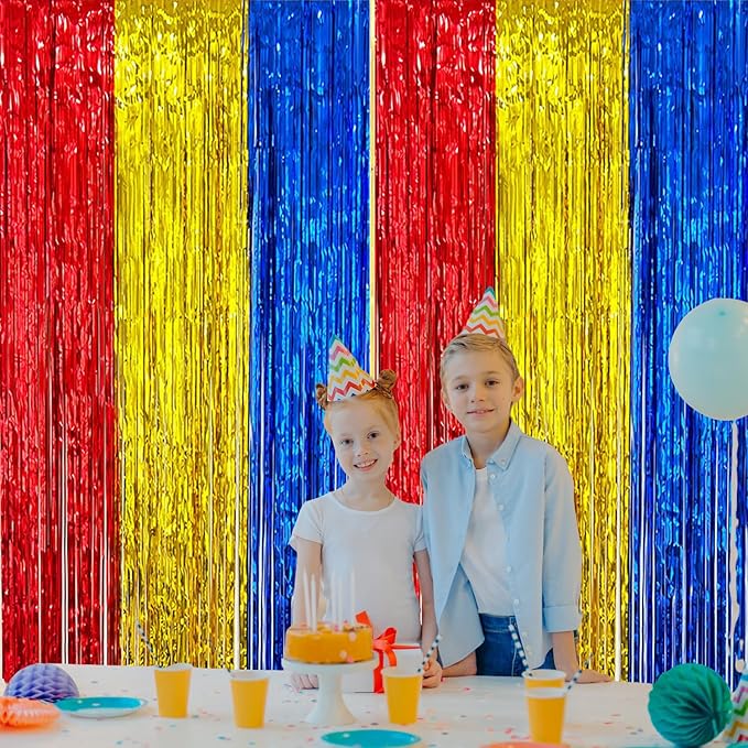 2 Pack Construction Foil Fringe Curtains, 3.3x6.6 Ft Blue Red and Gold Tinsel Backdrop Party Decorations Door Streamers for Birthday House Doorway Room,Photo Booth Props, Party Supplies