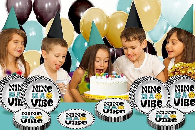 Nine is a Vibe Smiley Face Ninth Birthday - 32 Piece Disposable Party Supplies - Decorations for 9th Birthday Round Party Plates - Large 9" Paper Plates In Bulk