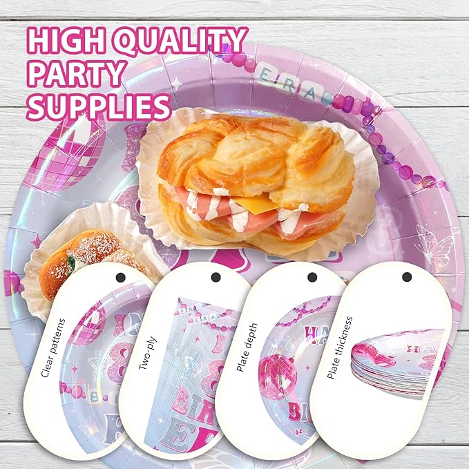 96Pcs In My 8th Birthday Party Decorations Pink Blue Plates and Napkins Popular Singer Theme Tableware Set for 8 Years Old Girls Birthday Pink Music Star Themed Party Supplies Serves 24
