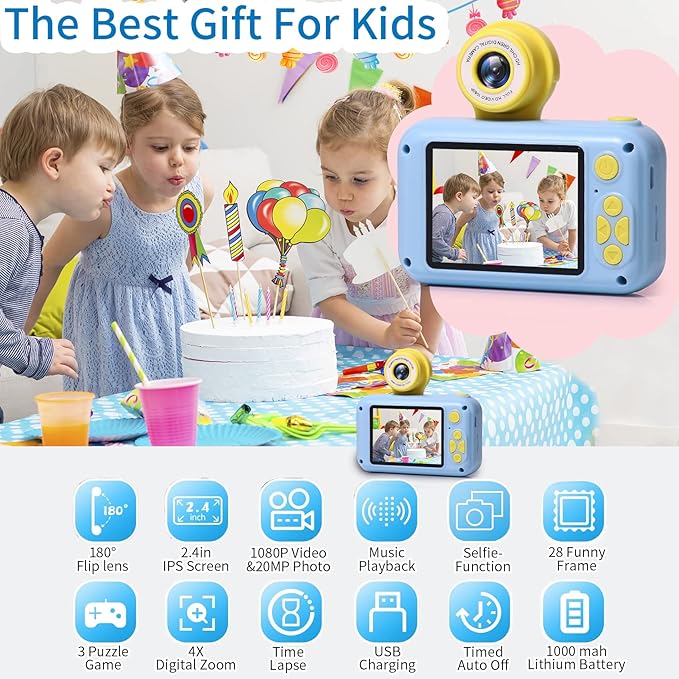 Kids Camera,2.4in IPS Screen Digital Camera,180°Flip Lens Camera,Children Selfie Camera with Playback Game,Christmas/Birthday Gift for 4 5 6 7 8 9 10 11 Year Old Girl Boy (Blue)