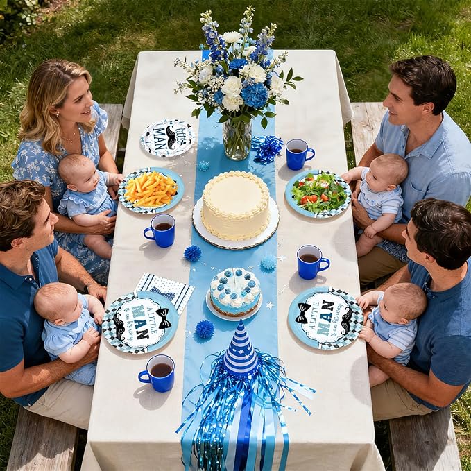 96 Pcs Little Man Baby Shower Decorations A Little Man Is On His Way Paper Plates and Napkins Mustache Bow Tie Hat Tableware Set for Boys Baby Shower Birthday Party Supplies Serves 24