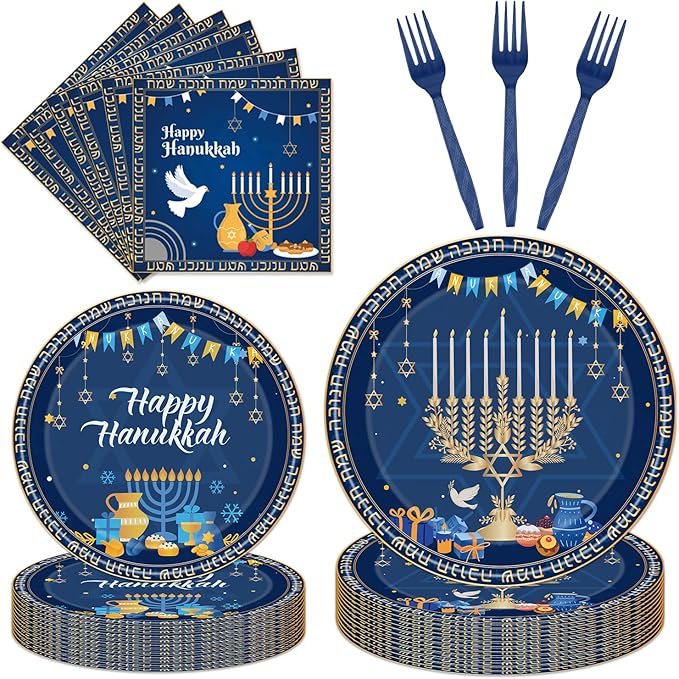 96PCS Happy Hanukkah Plates and Napkins - Hanukkah Decorations Chanukah Party Supplies Jewish Chanukah Disposable Tableware Set Serve 24 Guests