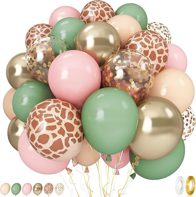 Pink Jungle Safari Balloons, 60PCS Sage Green Pastel Pink Gold Balloon, Light Pink Cream Beige Balloon with Animal Print for Girls Birthday Baby Shower Wild One Giraffe Party Decorations Supplies