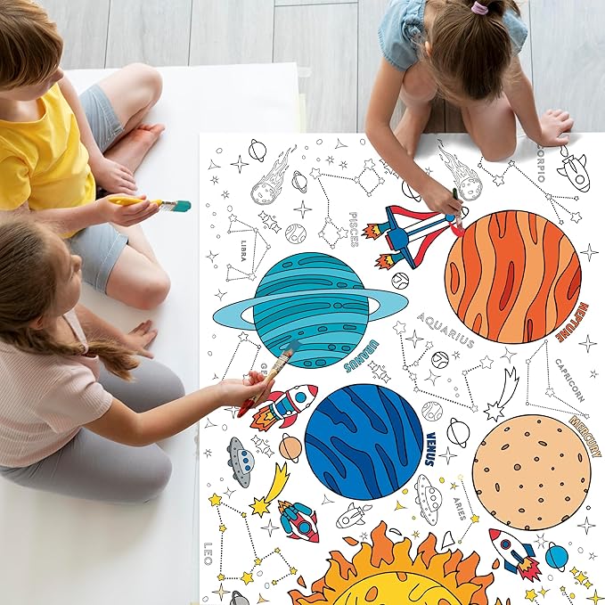 OHOME Space Giant Coloring Poster/Tablecloth - Space Themed Party Decorations - 30 x 72 Inches Jumbo Coloring Banner Kids Crafts Activities Decor Party Supplies