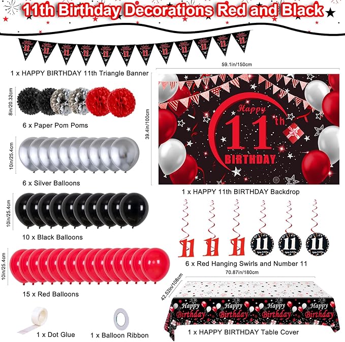 11th Birthday Decorations for Boys Girls Red and Black, Happy 11th Birthday Backdrop Banner, 11 Birthday Party Decoration Tablecloth Balloons Triangle Flag, 11 Year Old Boy Bday Party Supplies