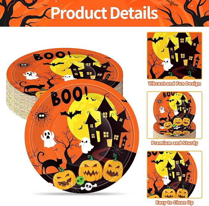 50 Pcs 9-Inch Halloween Paper Plates - Spooky Haunted House Party Supplies Set, Disposable Tableware with Ghost, Pumpkin, and Bat Designs for Candy, Snack, Dessert, Trick or Treat Decorations