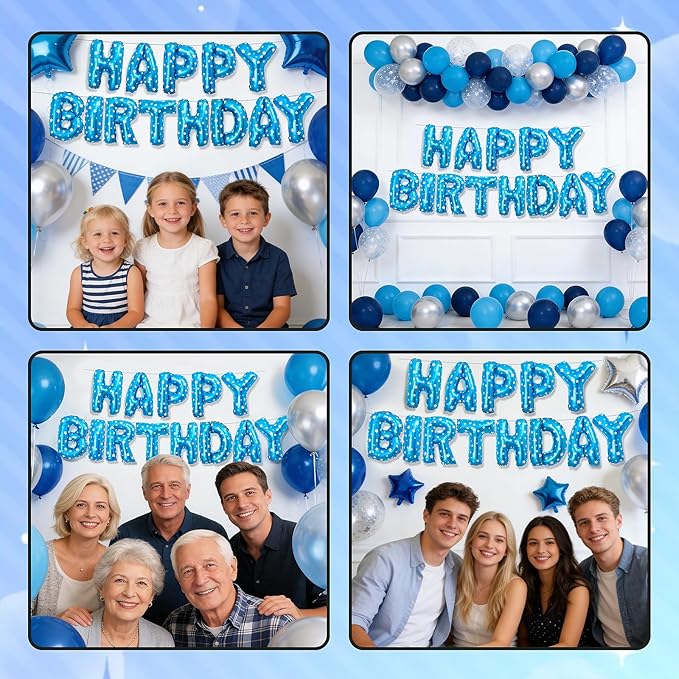 Blue Happy Birthday Balloons Banner Letter Signs Party Decorations