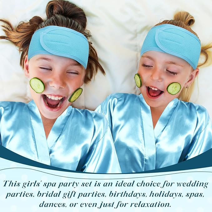24 Pcs Kids Spa Party Supplies Includes 6 Spa Party Robes 6 Basins 6 Makeup Headband 6 Towels for Sleepover Bath (Blue)