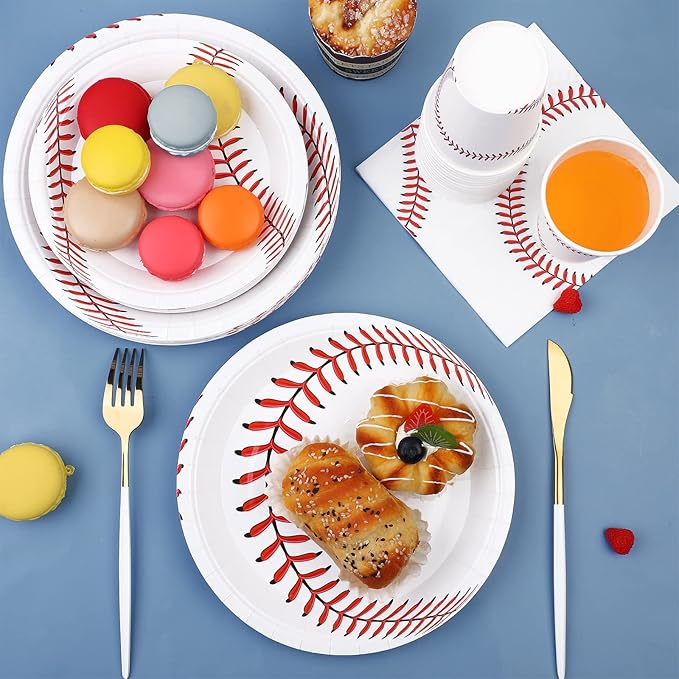 ADXCO 120 Pieces Baseball Party Supplies Tableware Set Disposable Paper Plates Napkins Cups 7 Inch 9 Inch Birthday Favors Decorations for Sport Themed Party Serves 24