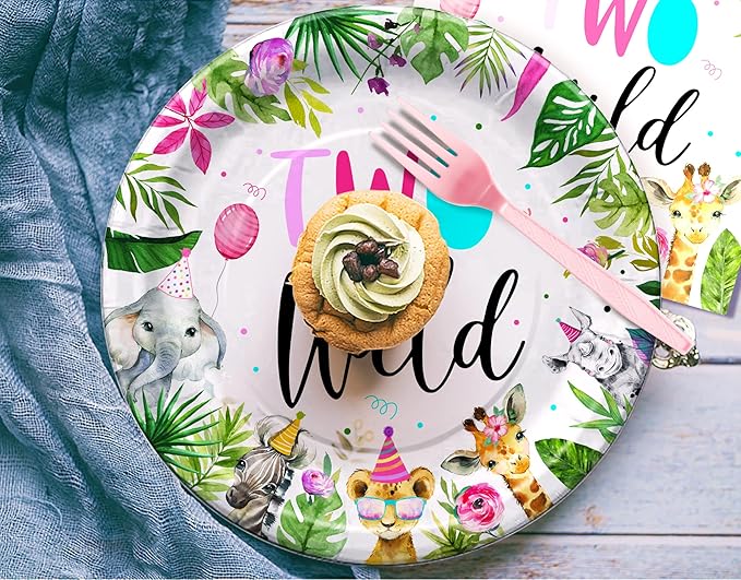 Two Wild Birthday Decorations Dinnerware For Girl, Jungle Safari Theme 2nd Birthday Party Supplies Include Plate, Cup, Napkin, Backdrop, Banner, Tablecloth, Balloon, Cutlery, Topper | Serve 24