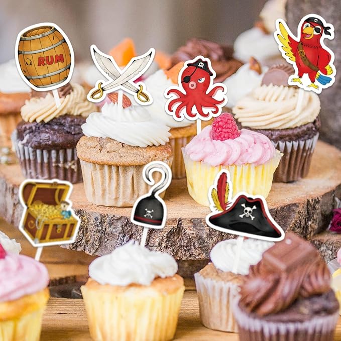 WERNNSAI 49 PCS Pirate Cupcake Toppers - Pirate Birthday Party Decorations Pirate Parrot Cake Toppers Pirate Day Party Favors Supplies Pirate Ship Cake Topper Pirate Theme Cake Decors