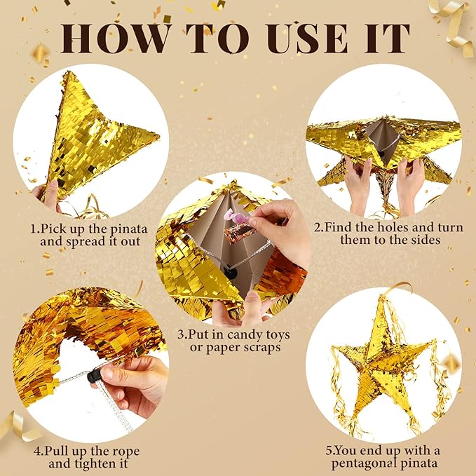 Foil Star Piñata with Blindfold and Bat for Birthday Foldable Star Shape Piñata with Stick Festive Fiesta Party Supplies Favors for Mexican Party (Gold)