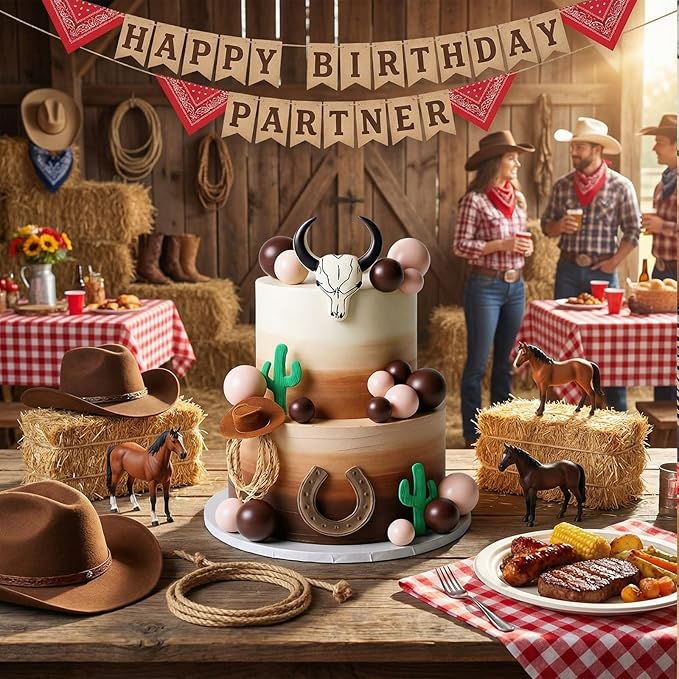 26 Pcs Cowboy Cake Decorations Cowboy Hat Cake Topper Western Hat Bull's Head Topper Decoration for Western Cowgirl Birthday Baby Shower Party Supplies (Brown, Retro)