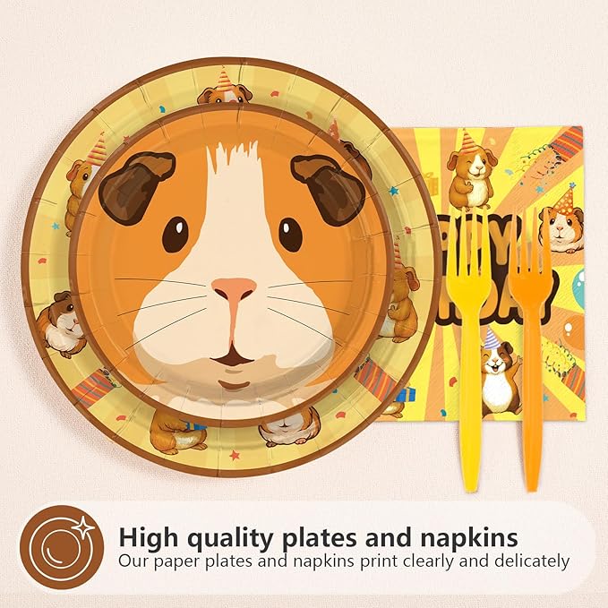 96Pcs Guinea Pig Birthday Party Decorations Hamster Happy Birthday Plates and Napkins Sets Brown Guinea Pig Decorations for Boys Girls Animal Theme Bday Party Supplies Serves 24