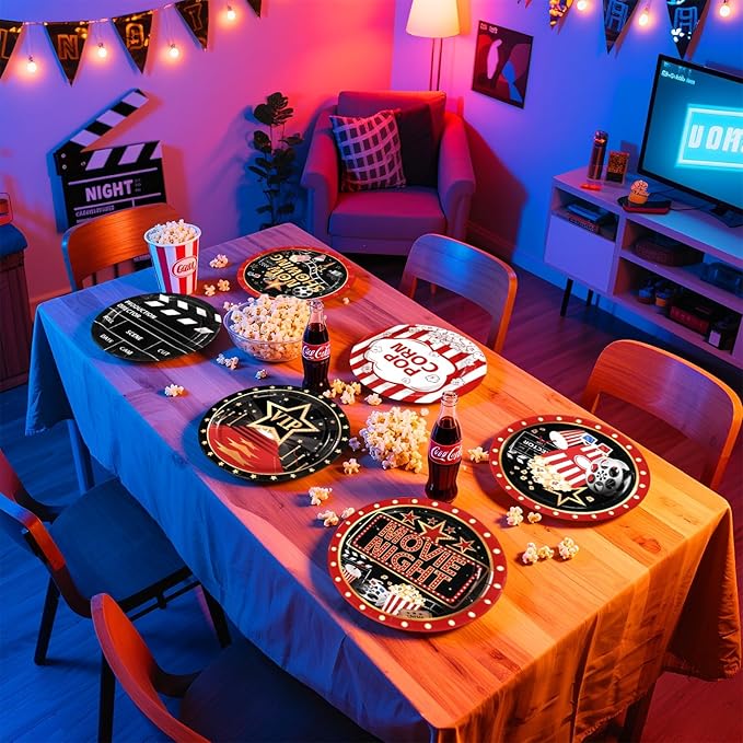 Grencian 60 Pcs Movie Night Paper Plates 9" Disposable Heavy Duty Now Showing Theater Dessert Paper Plates Movie Theme Tableware Set for Film Action Light Camera Red Carpet Birthday Party Decorations