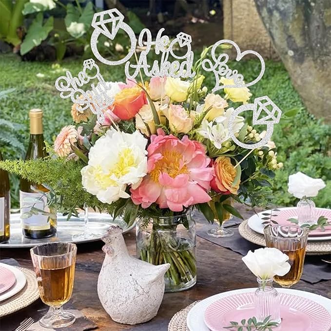Gyufise 12Pcs He Asked She Said Yes Centerpiece Sticks Double Sided Love Heart I Do Ring Table Centerpiece Sticks for Wedding Engagement Bridal Theme Party Supplies Silver