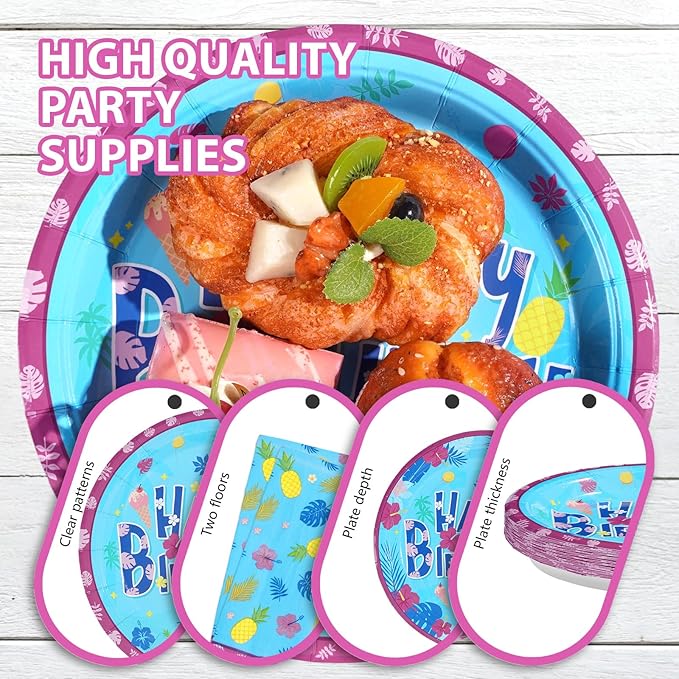 96Pcs Hawaiian Birthday Decorations Tropical Luau Blue Cartoon Plates and Napkins Tableware Sets Hawaii Hibiscus Party Decorations Favors for Summer Aloha Beach Pool Holiday Party Supplies Serves 24