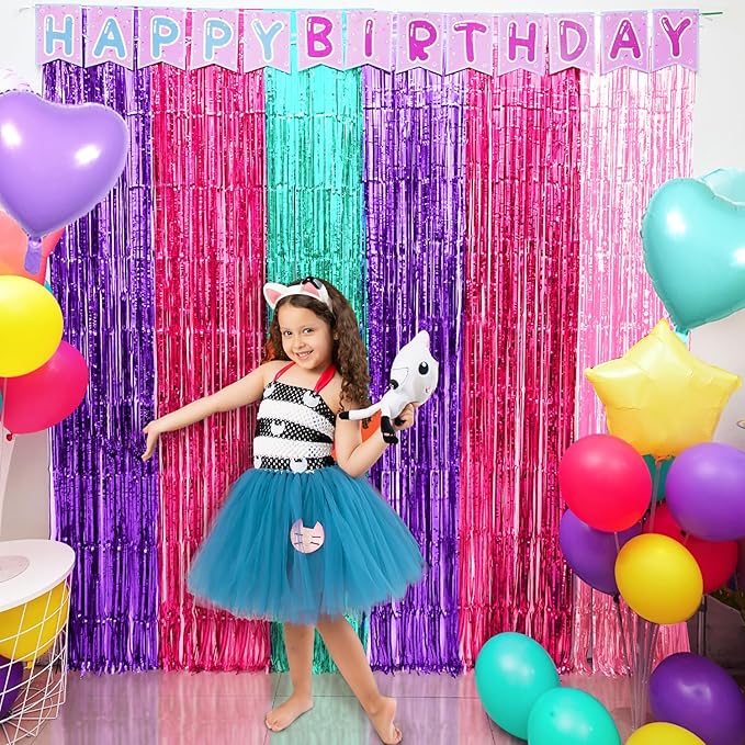 Cute Dollhouse Birthday Decorations, 4 Pack Dollhouse Party Photo Booth Prop, Purple Pink Teal Fringe Curtains Tinsel Photo Streamers Backdrop for Cat Doll House Party Supplies